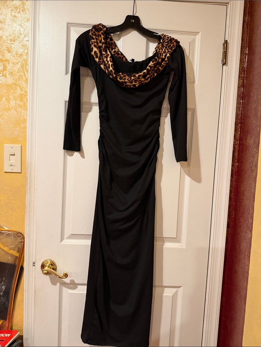 Fashion Nova Black Maxi Dress with Leopard Cowl Neck